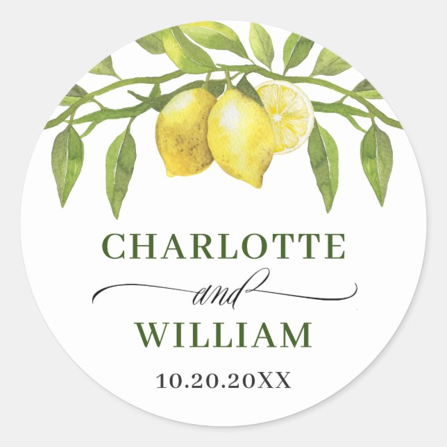 Sticker Rond Mariage Aquarelle Élégant Citrons Verdure (Devant)