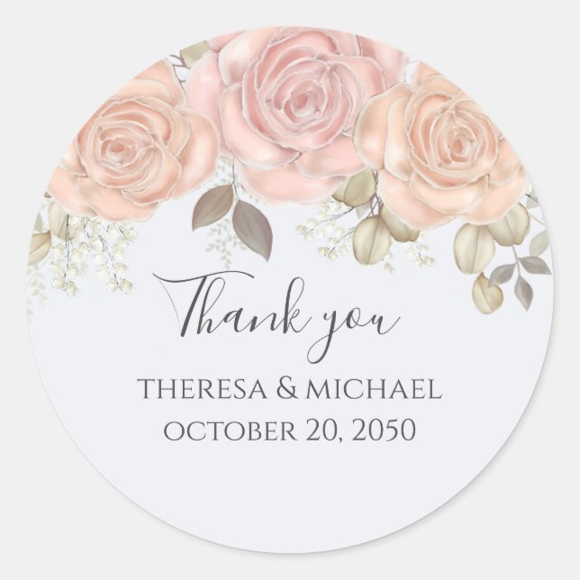 Sticker Rond Mariage Aquarelle Floral Merci Rose Élégant (Devant)