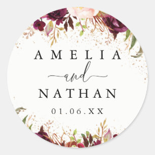 Sticker Rond Mariage aquarelle florale Bourgogne poussière d'or