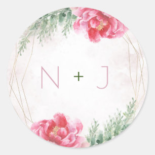 Sticker Rond Mariage aquarelle florale verdure rose blush
