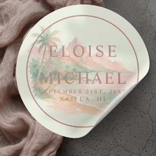 Sticker Rond Mariage Aquarelle Plage Île Coucher de Soleil Trop