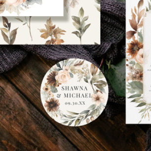 Sticker Rond Mariage Aquarelle Terre Cuite Péché Floral Automna