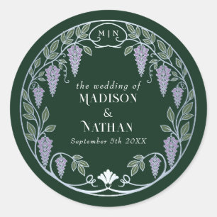 Sticker Rond Mariage Art Nouveau Argent Fleurs de Glycine Viole