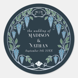 Sticker Rond Mariage Art Nouveau Argent Glycine Bleue