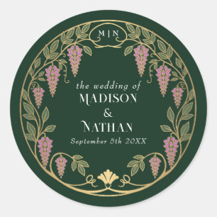 Sticker Rond Mariage Art Nouveau Or Glycine Rose 