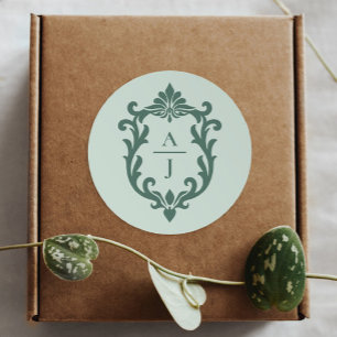 Sticker Rond Mariage au blason orné vintage vert sauge