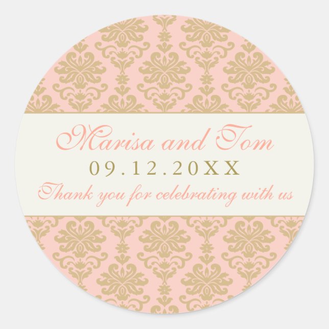 Sticker Rond Mariage au damas rose et or champagne (Devant)