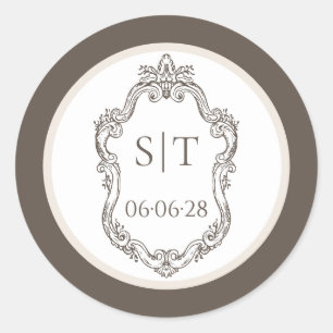 Sticker Rond Mariage au Monogramme Crème et Mocca