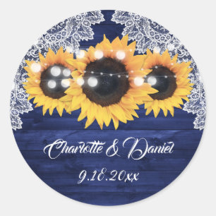 Sticker Rond Mariage au tournesol en bois rustique bleu marine