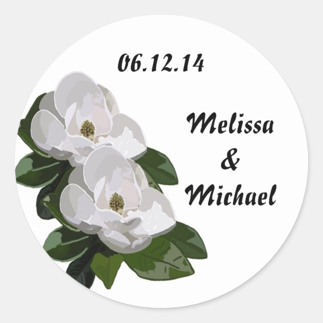 Sticker Rond Mariage aux fleurs de Magnolia Enregistrer la date (Devant)