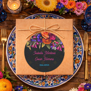 Sticker Rond Mariage aux fleurs mexicaines élégantes