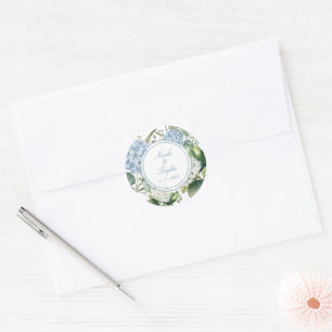 Sticker Rond Mariage aux Hortensias Bleu Poussiéreux