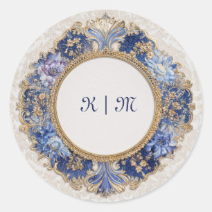 Sticker Rond Mariage Baroque Or Ton Bleu Damassé