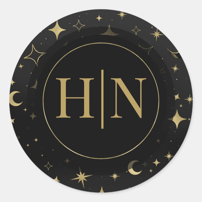 Sticker Rond Mariage Black & Gold Celestial Moon Stars (Devant)