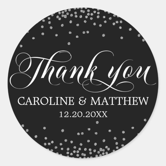 Sticker Rond Mariage Black Sprinkle Argent MERCI (Devant)