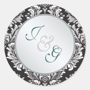 Sticker Rond Mariage blanc de noir de damassé de monogramme