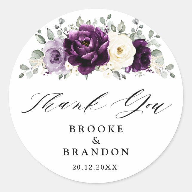 Sticker Rond Mariage blanc Merci blanc d'aubergine de prune vio (Devant)
