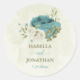 Sticker Rond mariage bleu blanc fleurs verdure