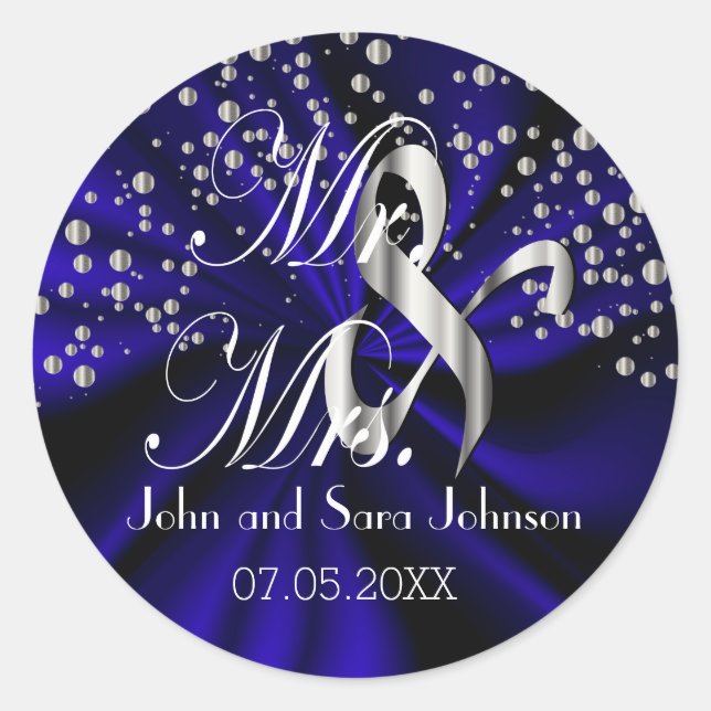 Sticker Rond Mariage bleu foncé pour M. & Mme. | Personnaliser (Devant)