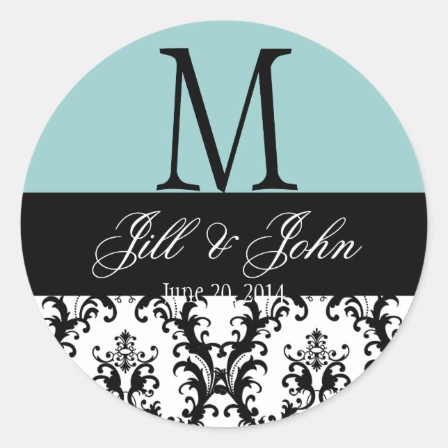 Sticker Rond Mariage bleu Monogramme Enregistrer Date Damask Se (Devant)