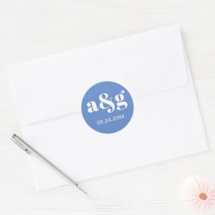 Sticker Rond Mariage bleu monogramme simple et élégant