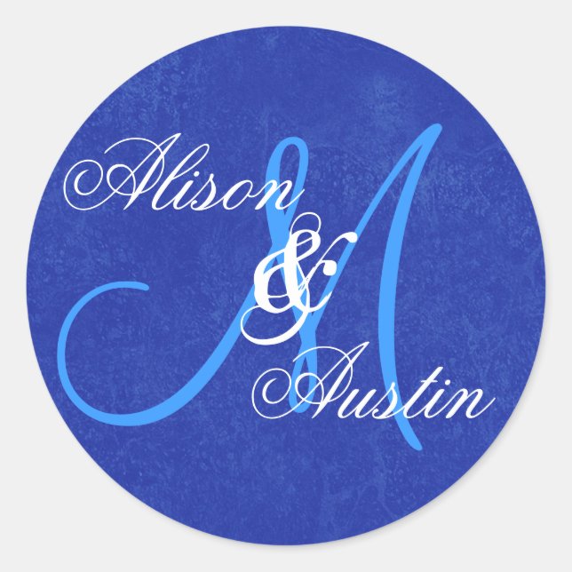 Sticker Rond MARIAGE BLEU ROYAL Personnalisé Monogramme D721 (Devant)