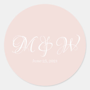 Sticker Rond Mariage blush rose monogramme script élégant perso