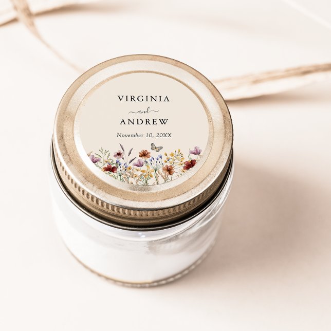 Sticker Rond Mariage Bohème aux Fleurs Sauvages (Boho Wildflower Wedding Classic Round Sticker
)