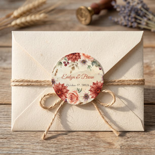 Sticker Rond Mariage Bohème Floral Terracotta Orange Brûlé Auto