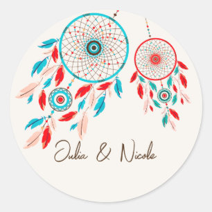 Sticker Rond Mariage Boho Tribal Dreamcatcher à plumes