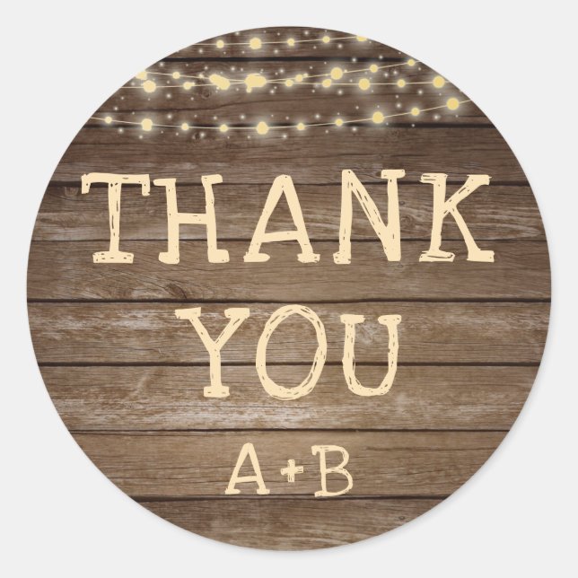 Sticker Rond Mariage Bois Rustique Lumières Initiales MERCI (Devant)