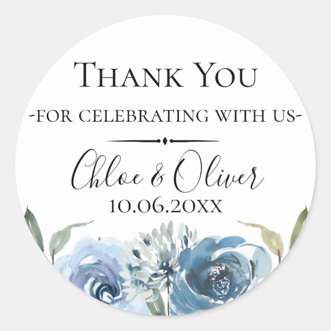 Sticker Rond Mariage botanique bleu Dusty Favoriser (Devant)