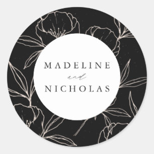 Sticker Rond Mariage botanique floral moderne noir et crème