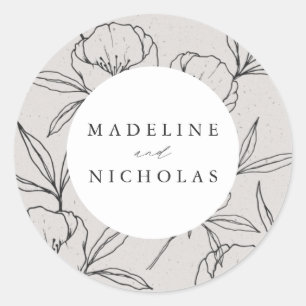 Sticker Rond Mariage botanique moderne floral gris et noir