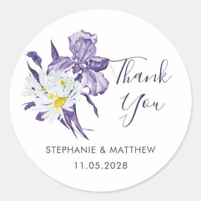 Sticker Rond Mariage botanique violet Iris White Daisy Merci (Devant)