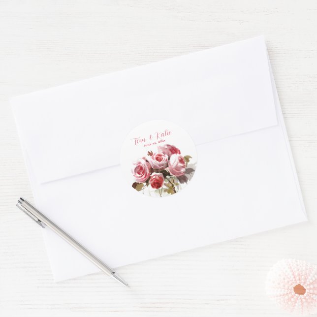 Sticker Rond Mariage Bouquet Rose Aquarelle (Enveloppe)
