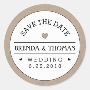 Sticker Rond Mariage Brown et blanc Enregistrer la date Étiquet