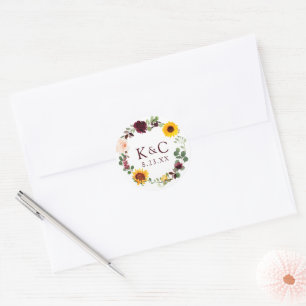 Sticker Rond Mariage Cadeaux de Mariée Tournesol Roses Bourgogn