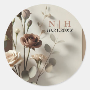 Sticker Rond Mariage Café Au Lait Marron Neutre Floral