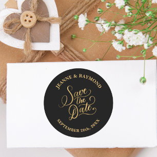 Sticker Rond Mariage calligraphie Black Gold Foil Enregistrer l
