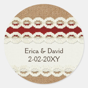 Sticker Rond Mariage campagnard en dentelle rouge rustique