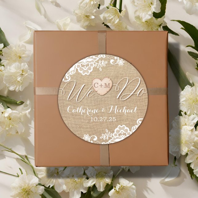 Sticker Rond Mariage campagnard Rustique Burlap Et Dentelle (Créateur téléchargé)