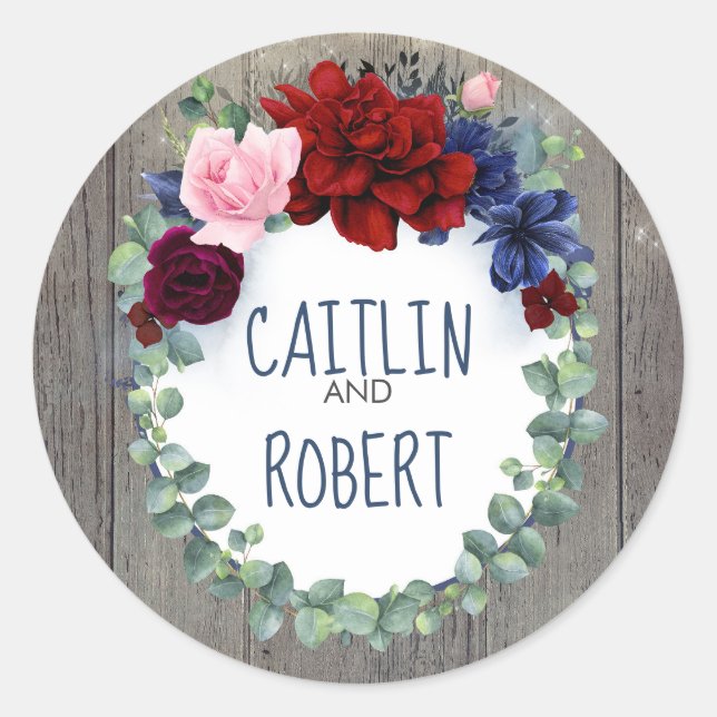 Sticker Rond Mariage campagnard rustique de la marine bordeaux  (Devant)