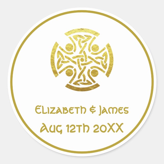 Sticker Rond Mariage celtique Faux Gold Celtic Knot Cross (Devant)