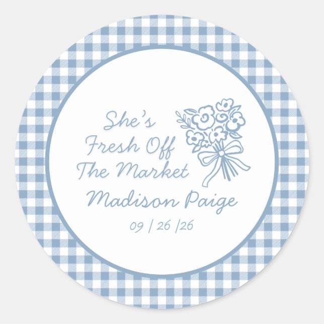 Sticker Rond Mariage champêtre bleu « Frais du marché » (Devant)