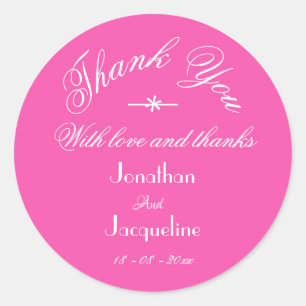 Sticker Rond Mariage Chic Noms Blancs 'Merci' Rose Fuchsia
