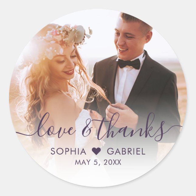 Sticker Rond Mariage chic violet script coeur photo Merci (Devant)