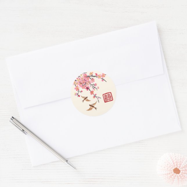 Sticker Rond Mariage chinois d'encre peignant fleurs et oiseaux (Enveloppe)