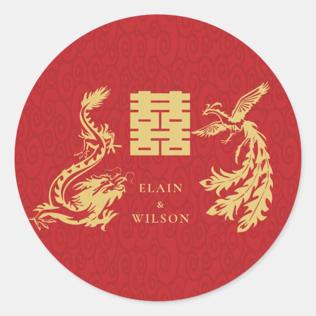 Sticker Rond Mariage chinois Dragon-Phoenix Double Xi Red Gold (Devant)