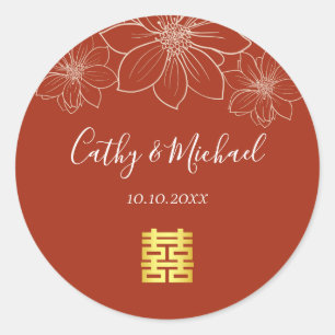 Sticker Rond Mariage chinois floral rouge moderne bohème
